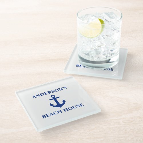 Nautical Beach House Family Name Anchor Glass Coaster