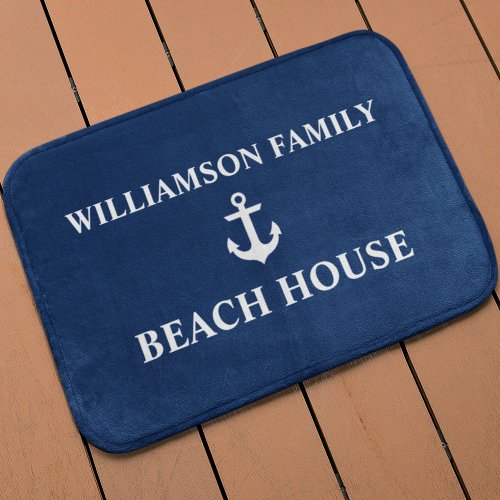 Nautical Beach House Family Name Anchor Navy Blue Bath Mat