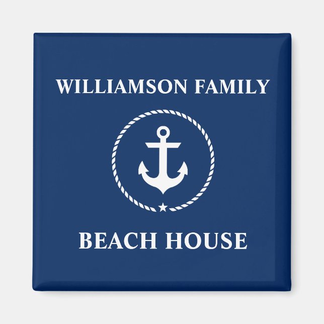 Nautical Beach House Family Name Anchor Navy Blue Magnet (Front)