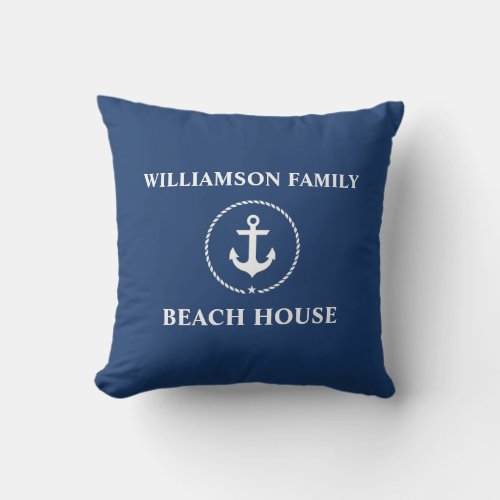 Nautical Beach House Family Name Anchor Navy Blue Outdoor Pillow