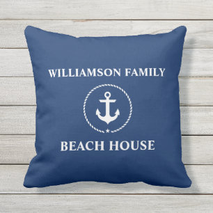 Nautical Beach House Family Name Anchor Navy Blue Outdoor Pillow