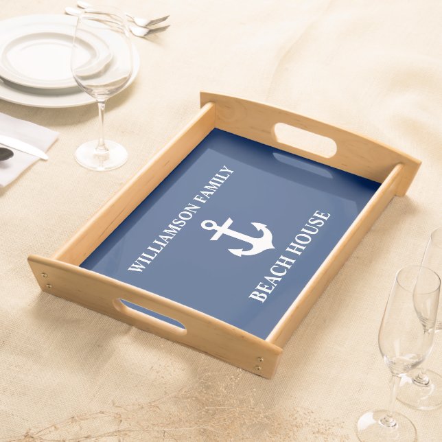 Nautical Beach House Family Name Anchor Navy Blue Serving Tray (Front)