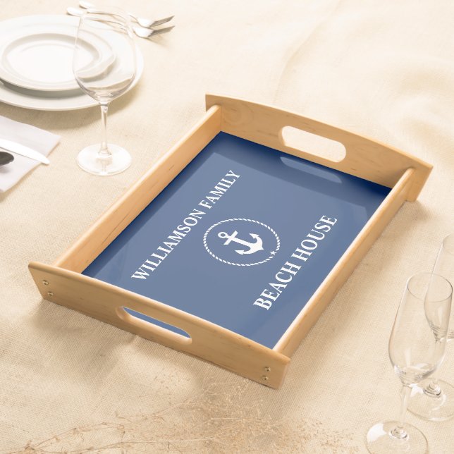 Nautical Beach House Family Name Anchor Navy Blue Serving Tray (Front)