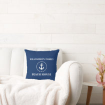Nautical Beach House Family Name Anchor Navy Blue Throw Pillow