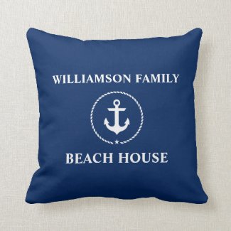 Nautical Beach House Family Name Anchor Navy Blue Throw Pillow