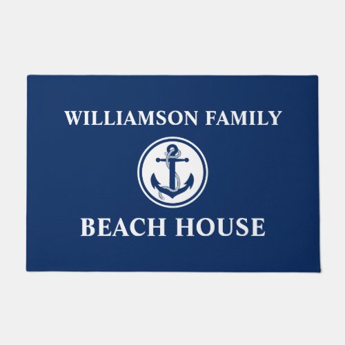 Nautical Beach House Family Name Anchor Rope Blue Doormat