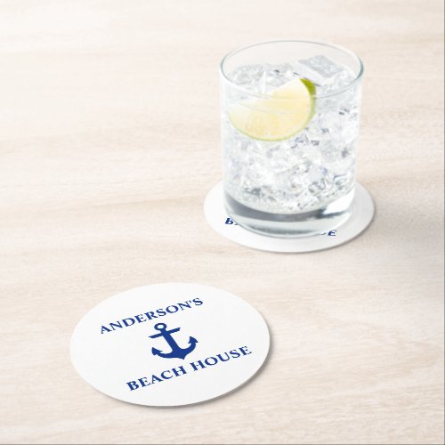 Nautical Beach House Family Name Anchor Round Paper Coaster