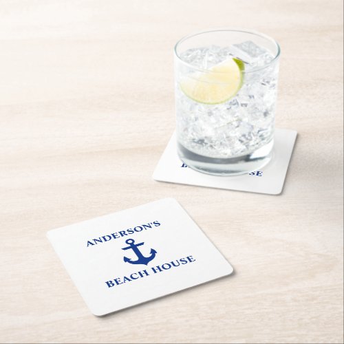 Nautical Beach House Family Name Anchor Square Paper Coaster