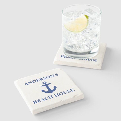 Nautical Beach House Family Name Anchor Stone Coaster