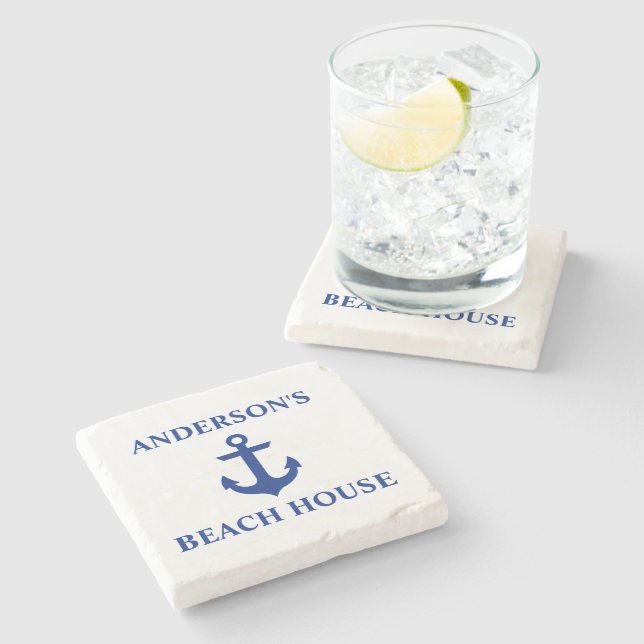 Nautical Beach House Family Name Anchor Stone Coaster (Side)