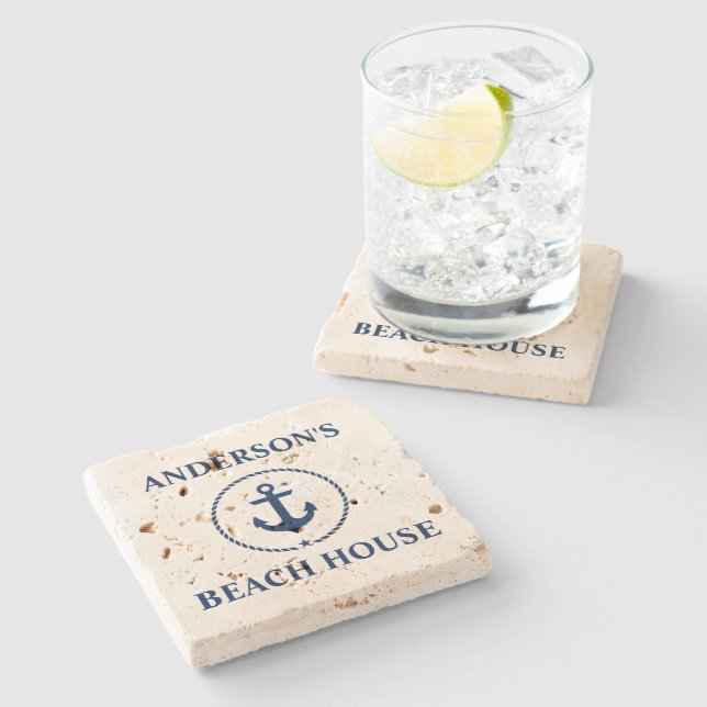 Nautical Beach House Family Name Anchor Travertine Stone Coaster (Side)