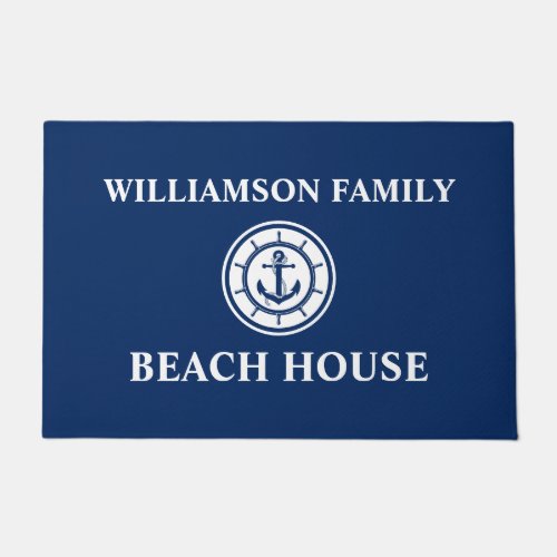 Nautical Beach House Family Name Anchor Wheel Blue Doormat