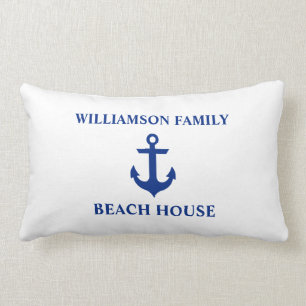 Nautical Beach House Family Name Anchor White Lumbar Pillow