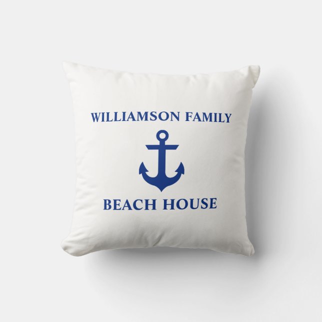 Nautical Beach House Family Name Anchor White Throw Pillow (Front)