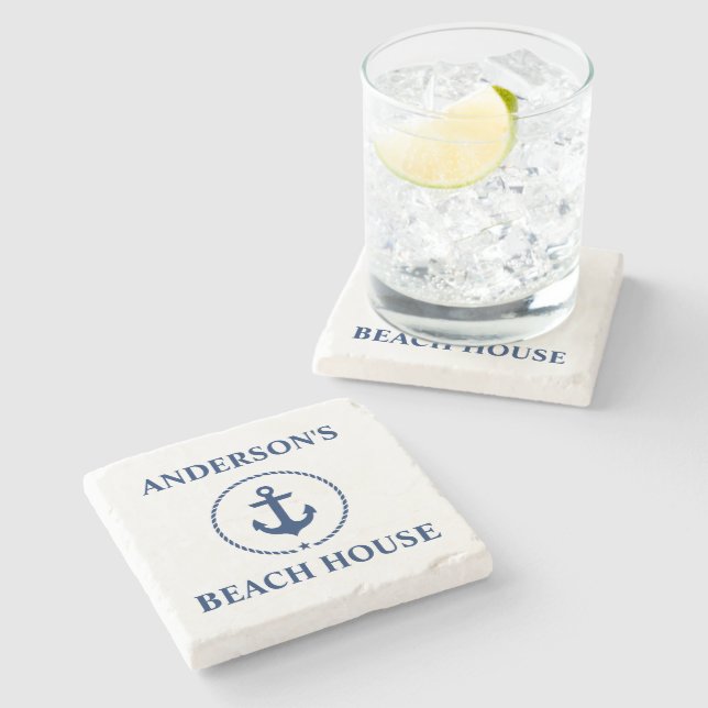 Nautical Beach House Family Name Blue Anchor Stone Coaster (Side)