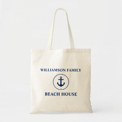 Nautical Beach House Family Name Blue Anchor Tote Bag