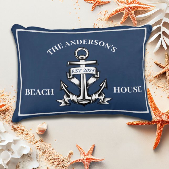 Nautical  Beach House Family Name Est Ship Anchor  Accent Pillow (Nautical Beach House Family Name Est Ship Anchor Accent Pillow)