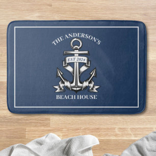Nautical Beach House Family Name Est Ship Anchor Bath Mat