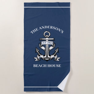 Nautical Beach House Family Name Est Ship Anchor Beach Towel