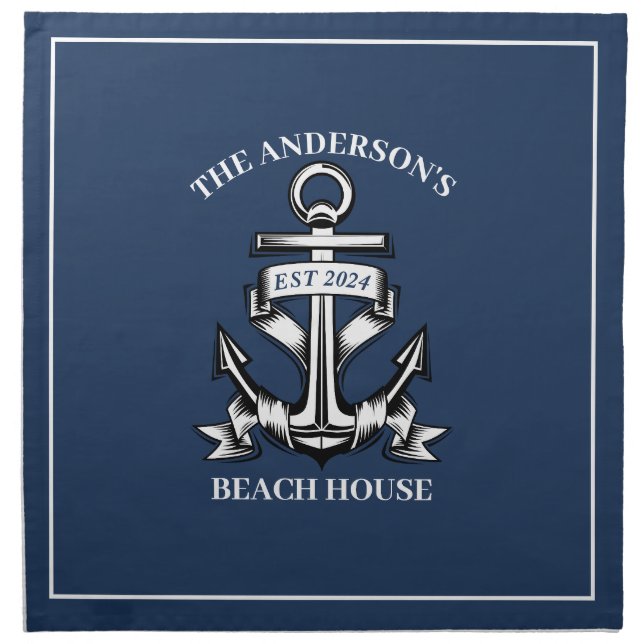 Nautical  Beach House Family Name Est Ship Anchor  Cloth Napkin (Front)