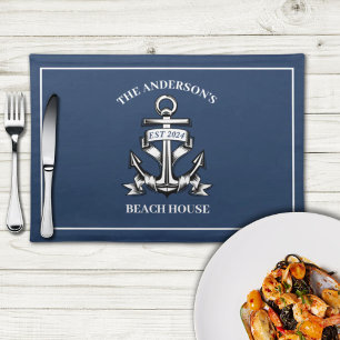 Nautical Beach House Family Name Est Ship Anchor Cloth Placemat