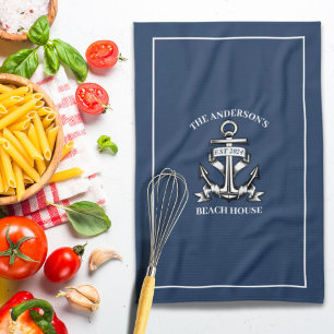 Nautical Beach House Family Name Est Ship Anchor Kitchen Towel