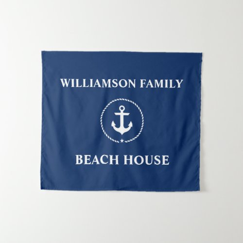 Nautical Beach House Family Name Navy Blue Tapestry