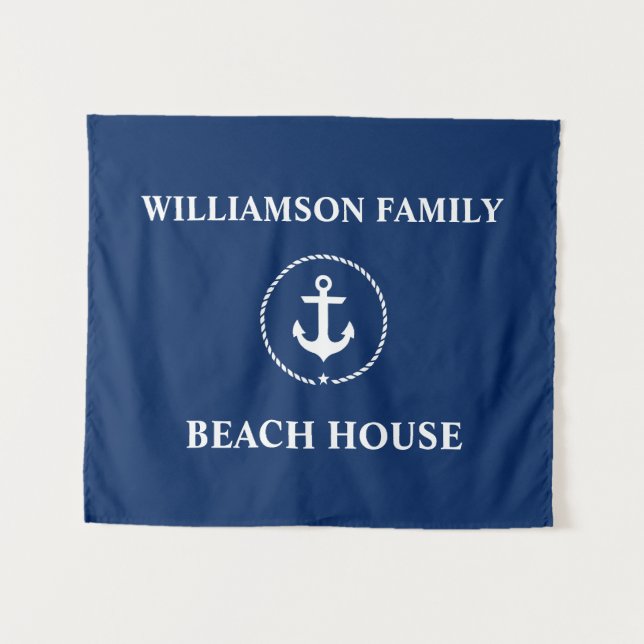 Nautical Beach House Family Name Navy Blue Tapestry (Front (Horizontal))