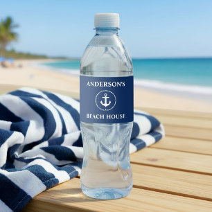 Nautical Beach House Name Anchor Navy Blue Water Bottle Label