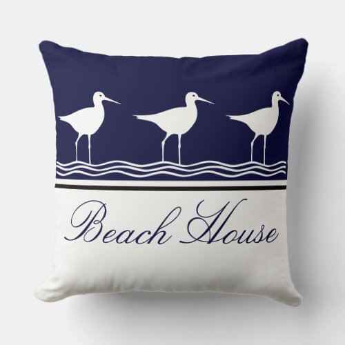 Nautical Beach house navy blue Sandpipers Throw Pillow