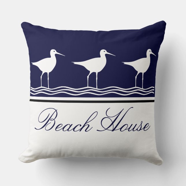 Nautical Beach house navy blue Sandpipers Throw Pillow (Front)