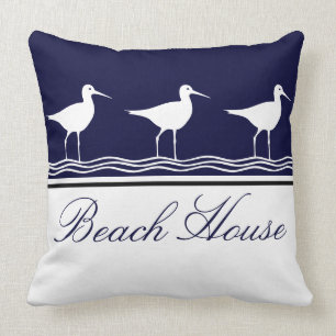 Nautical Beach house navy blue Sandpipers Throw Pillow