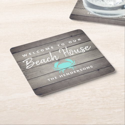Nautical Beach House Rustic Crab Monogram Name Square Paper Coaster
