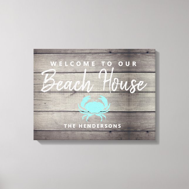 Nautical Beach House Rustic Crab Personalized Canvas Print (Front)
