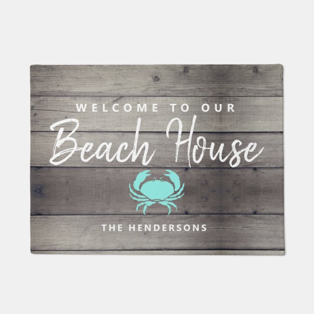 Nautical Beach House Rustic Crab Personalized Doormat (Front)