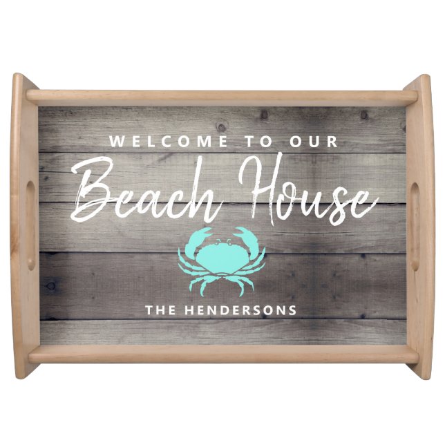 Nautical Beach House Rustic Crab Personalized Serving Tray (Front)