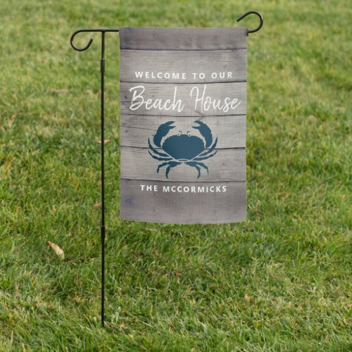 Nautical Beach House Rustic Navy Blue Crab Name Garden Flag