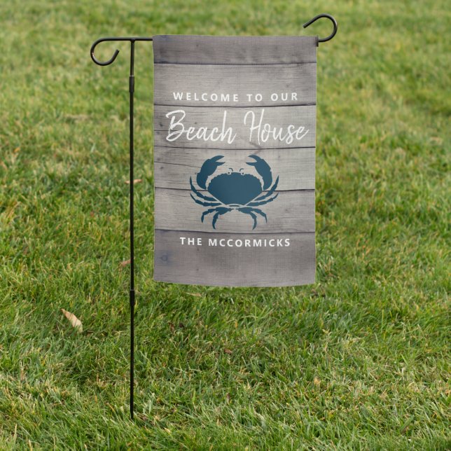 Nautical Beach House Rustic Navy Blue Crab Name Garden Flag (In SItu)