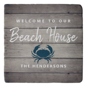 Nautical Beach House Rustic Navy Blue Crab Name Trivet