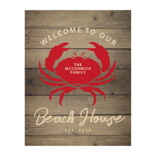 Nautical Beach House Rustic Red Crab Welcome Name Wood Wall Art