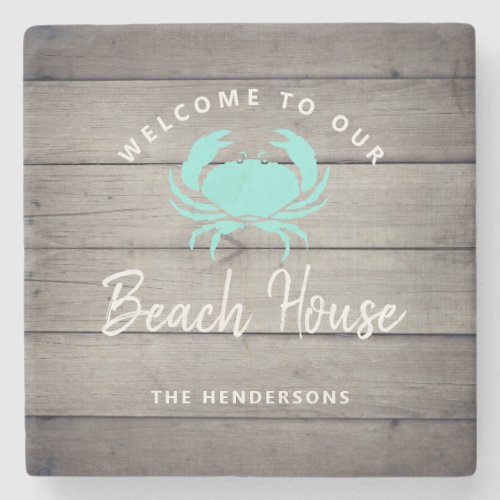 Nautical Beach House Teal Crab Personalized Stone Coaster