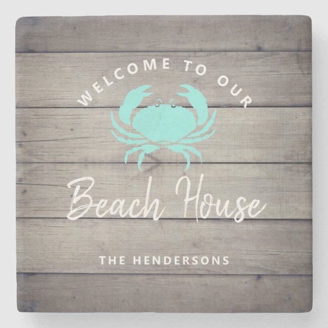 Nautical Beach House Teal Crab Personalized Stone Coaster (Front)