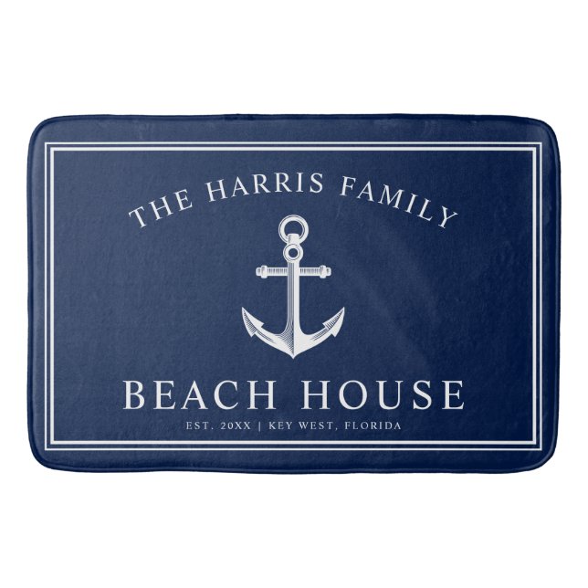 Nautical  Beach House | Welcome Navy and White Bath Mat (Front)