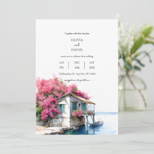 Nautical Beach House With Boat Watercolor Wedding Invitation