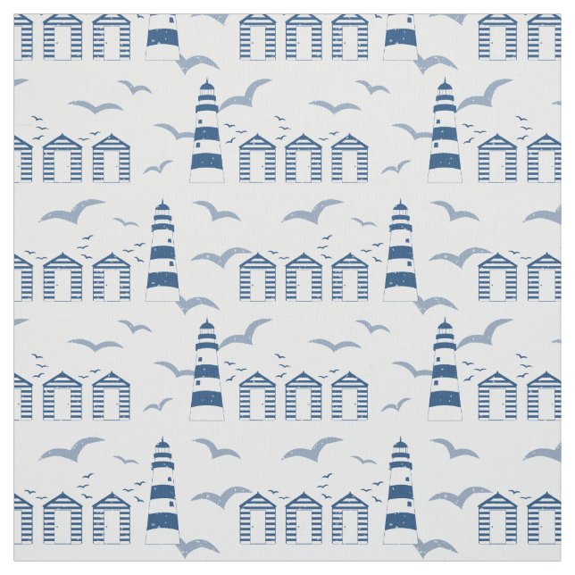 Nautical Beach Huts and Lighthouses Blue White Fabric (Swatch)
