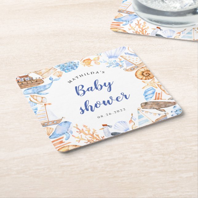 nautical beach illustrations baby shower square paper coaster (Angled)