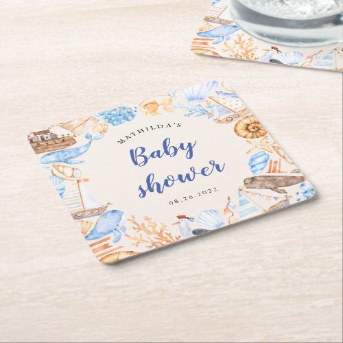 nautical beach illustrations baby shower square paper coaster