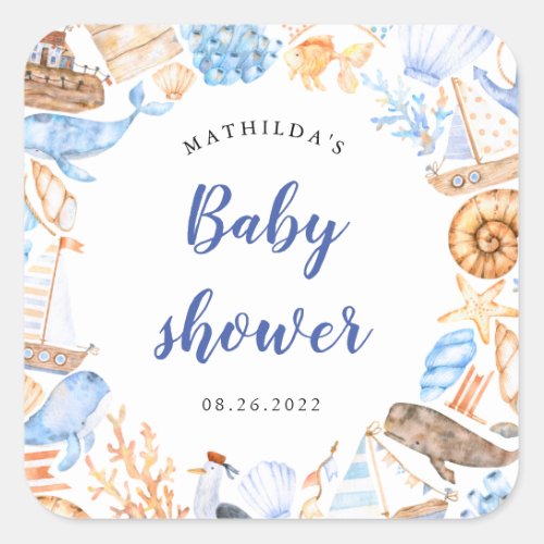 nautical beach illustrations baby shower square sticker