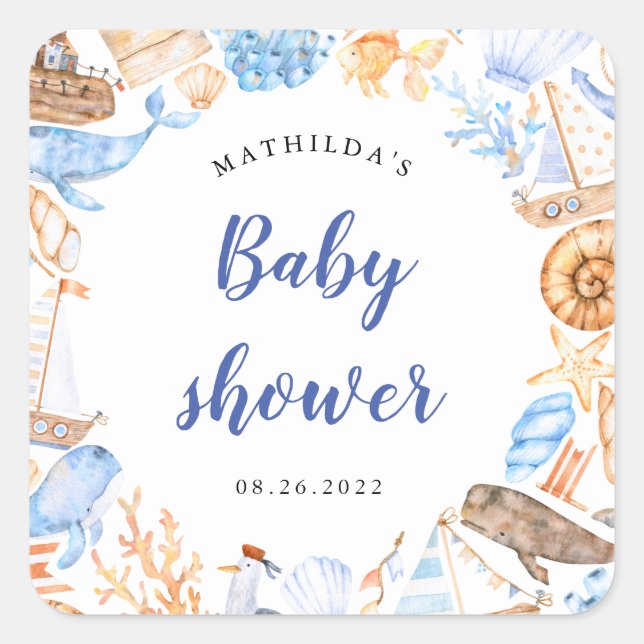 nautical beach illustrations baby shower square sticker (Front)