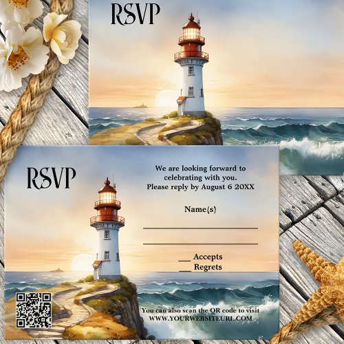 Nautical Beach Lighthouse Wedding RSVP Card